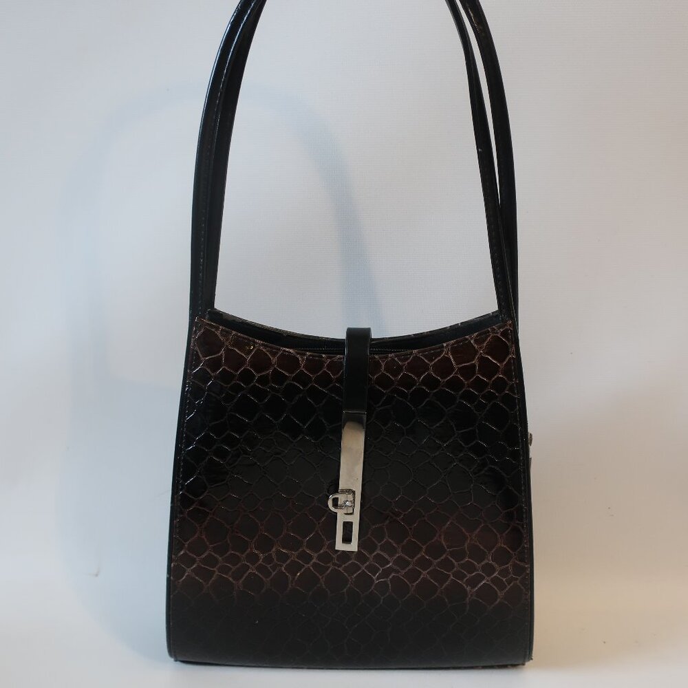 Womens Vani Brown Black Chic Patent Ombre Glossy Faux Croc Shoulder Handbag  COL